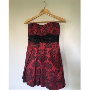 Red and Black Formal Patterned Strapless Dress